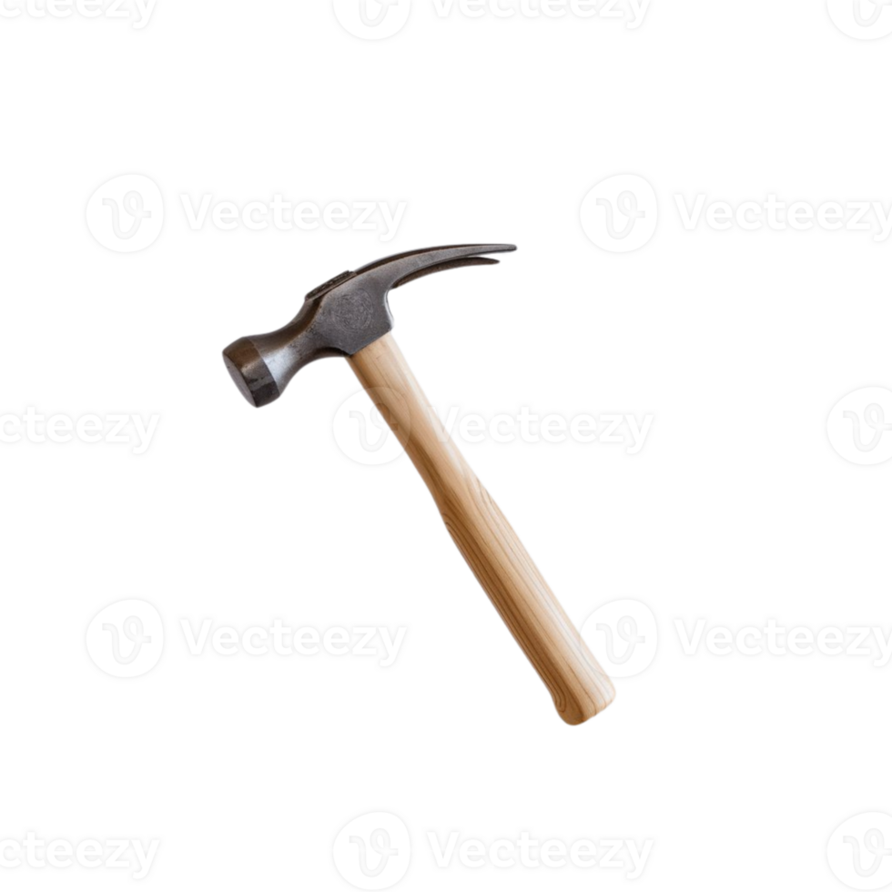 Strong metal hammer featuring an elegant wooden handle, displayed on a see-through surface png