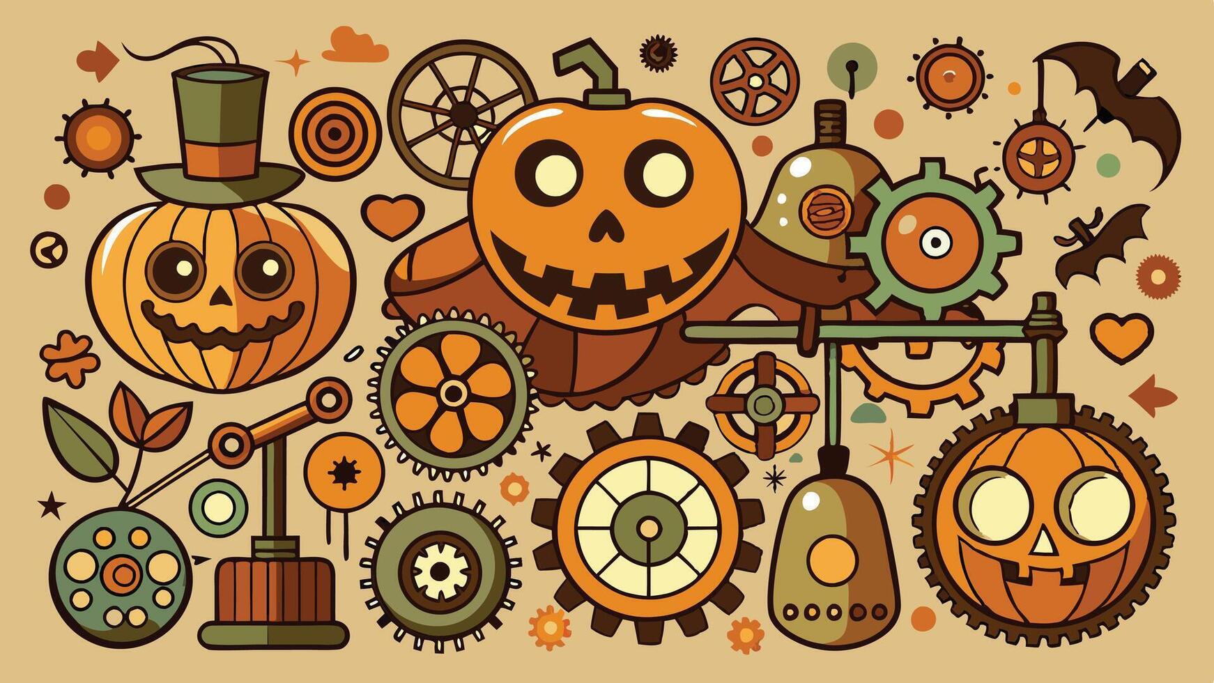 A vibrant Halloween-themed illustration featuring a pumpkin, bat, skull, and assorted gears against an orange background in a whimsical steampunk style vector