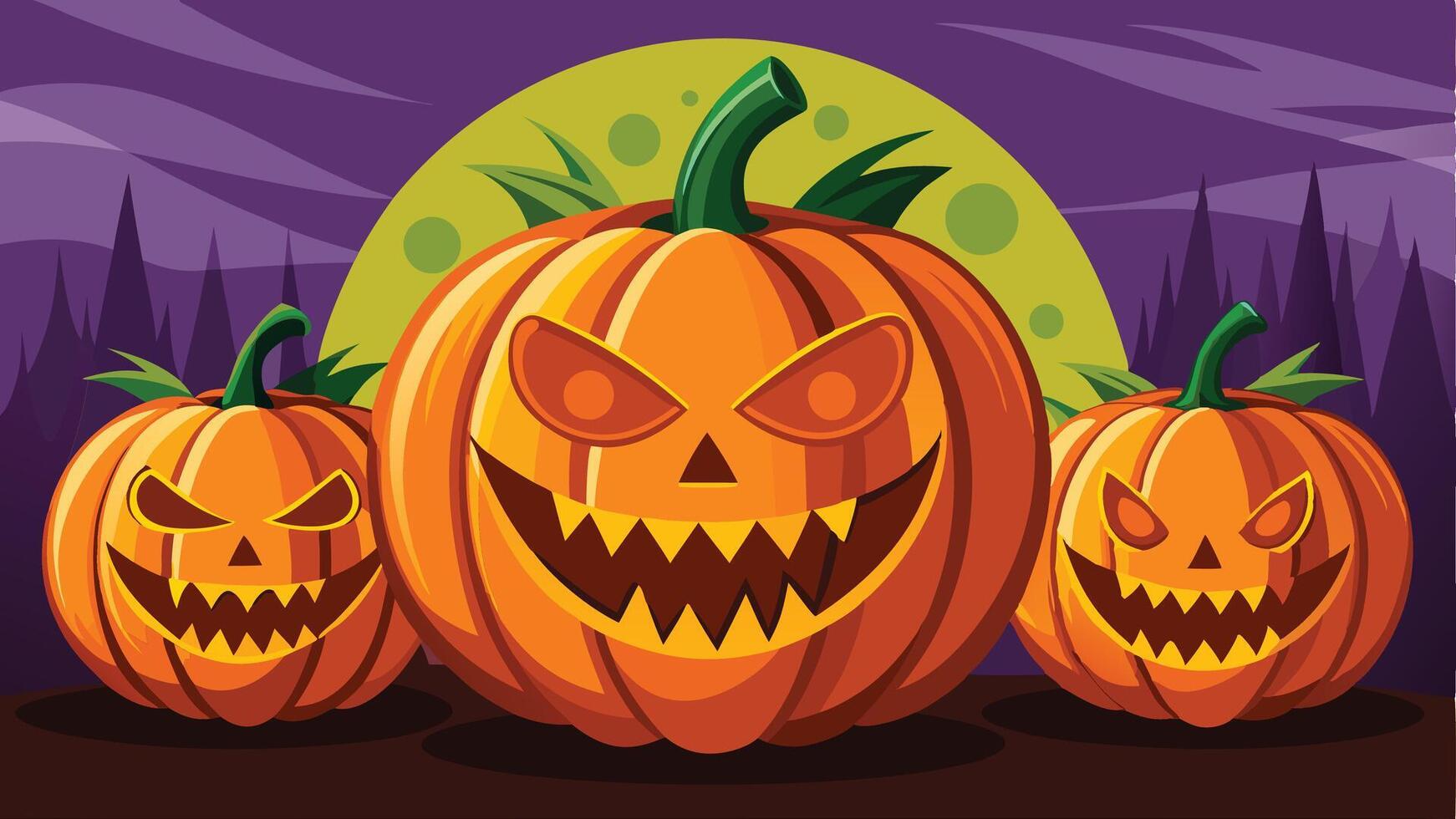 Three cheerful Halloween pumpkins with playful expressions against a purple background, surrounded by green leaves and whimsical plants, capturing a festive autumn atmosphere vector