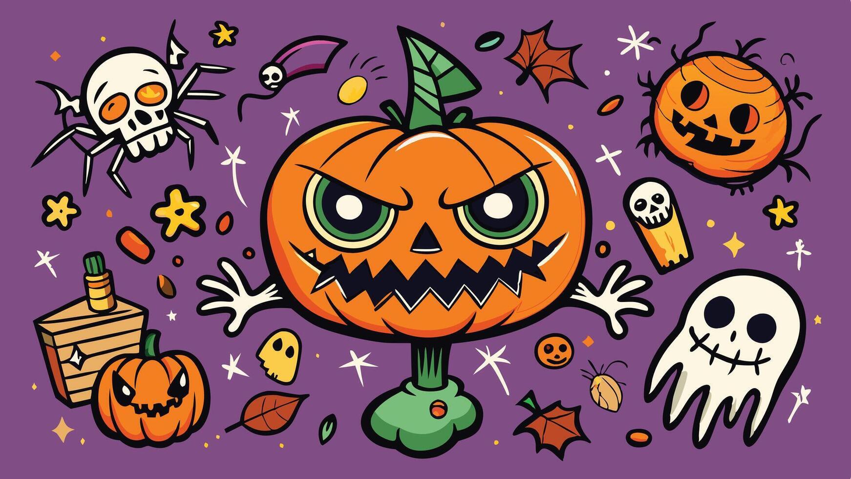 Festive Halloween decorations featuring whimsical ghosts, a grinning pumpkin, bats, and various colorful ornaments on a purple background vector
