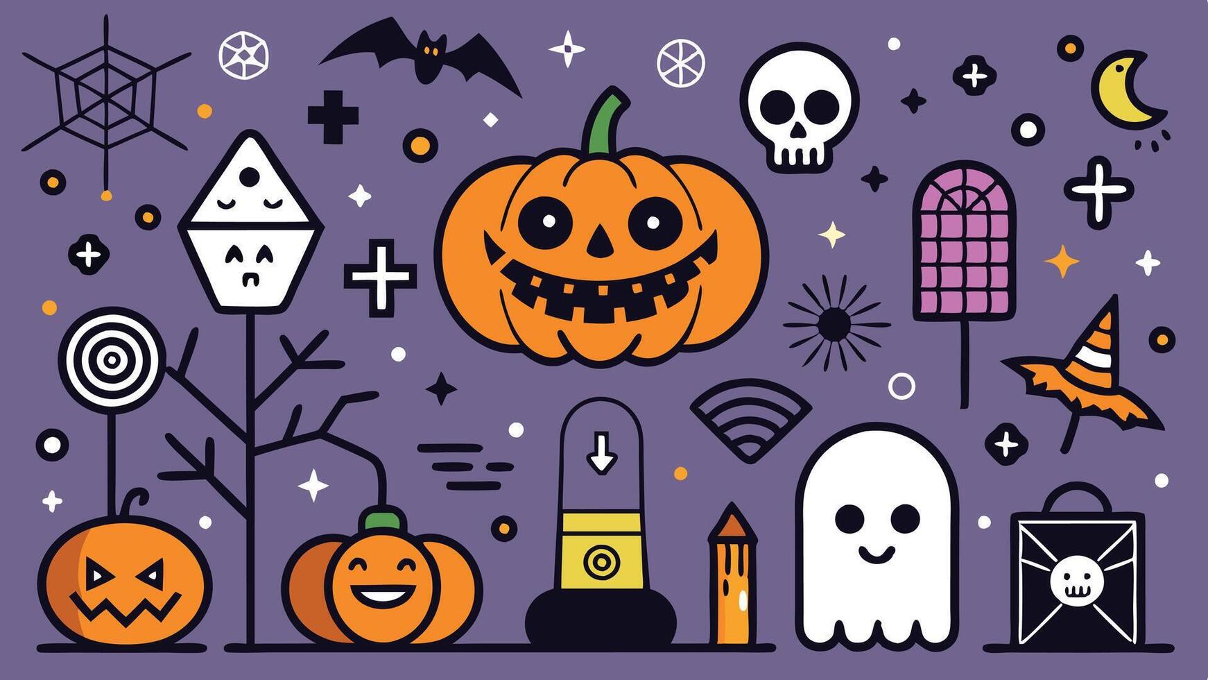 A colorful and playful Halloween-themed illustration featuring pumpkins, ghosts, and a castle set against a vibrant orange background during autumn festivities vector