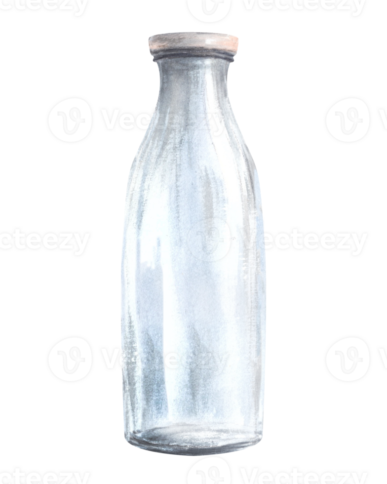 Transparent closed empty glass milk bottle. Watercolor hand drawn illustration.Clipart for dairy drink, kitchenware labels design. Ecology poster and recycling product concept Isolated from background png
