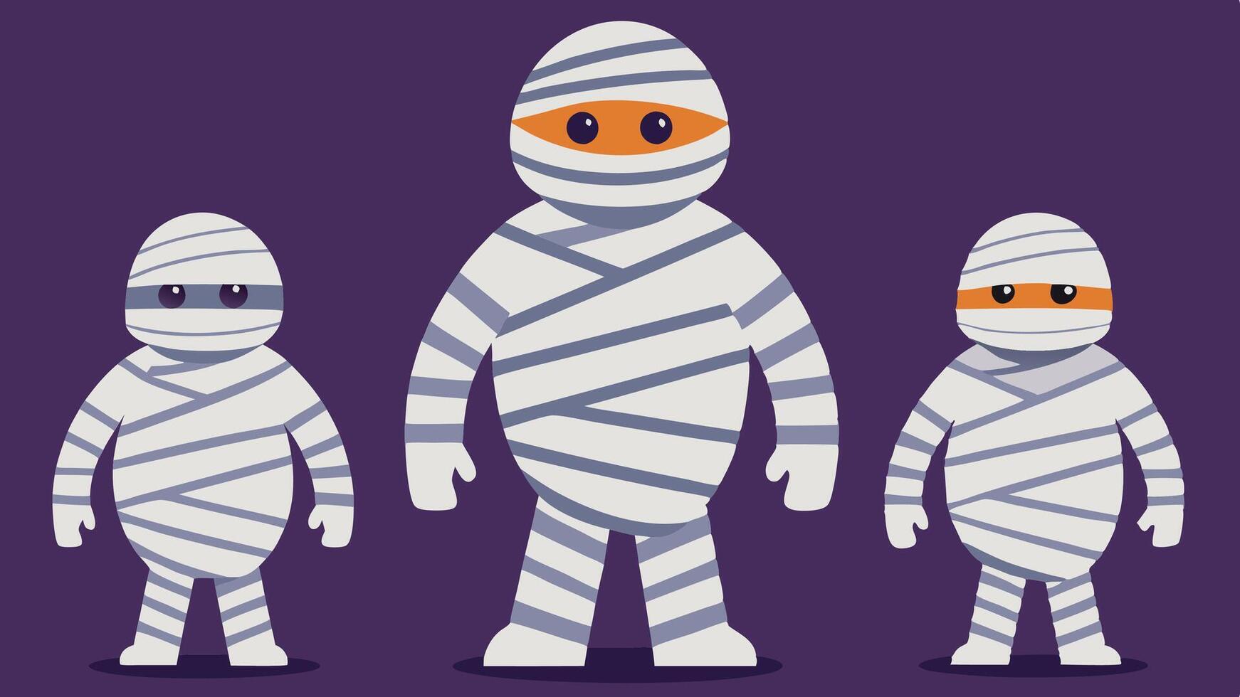 Cute cartoon mummies in playful poses with orange background celebrating Halloween festivities in a cheerful way vector