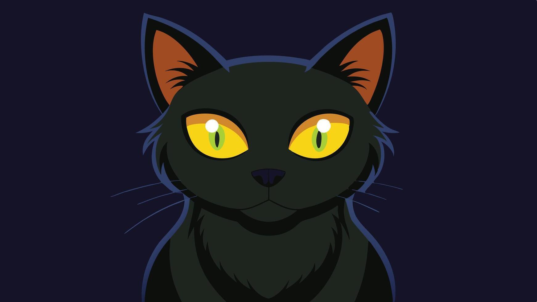 A cartoon-style black cat with striking green eyes standing on a dark green background, showcasing its playful and mysterious nature during a whimsical illustration vector