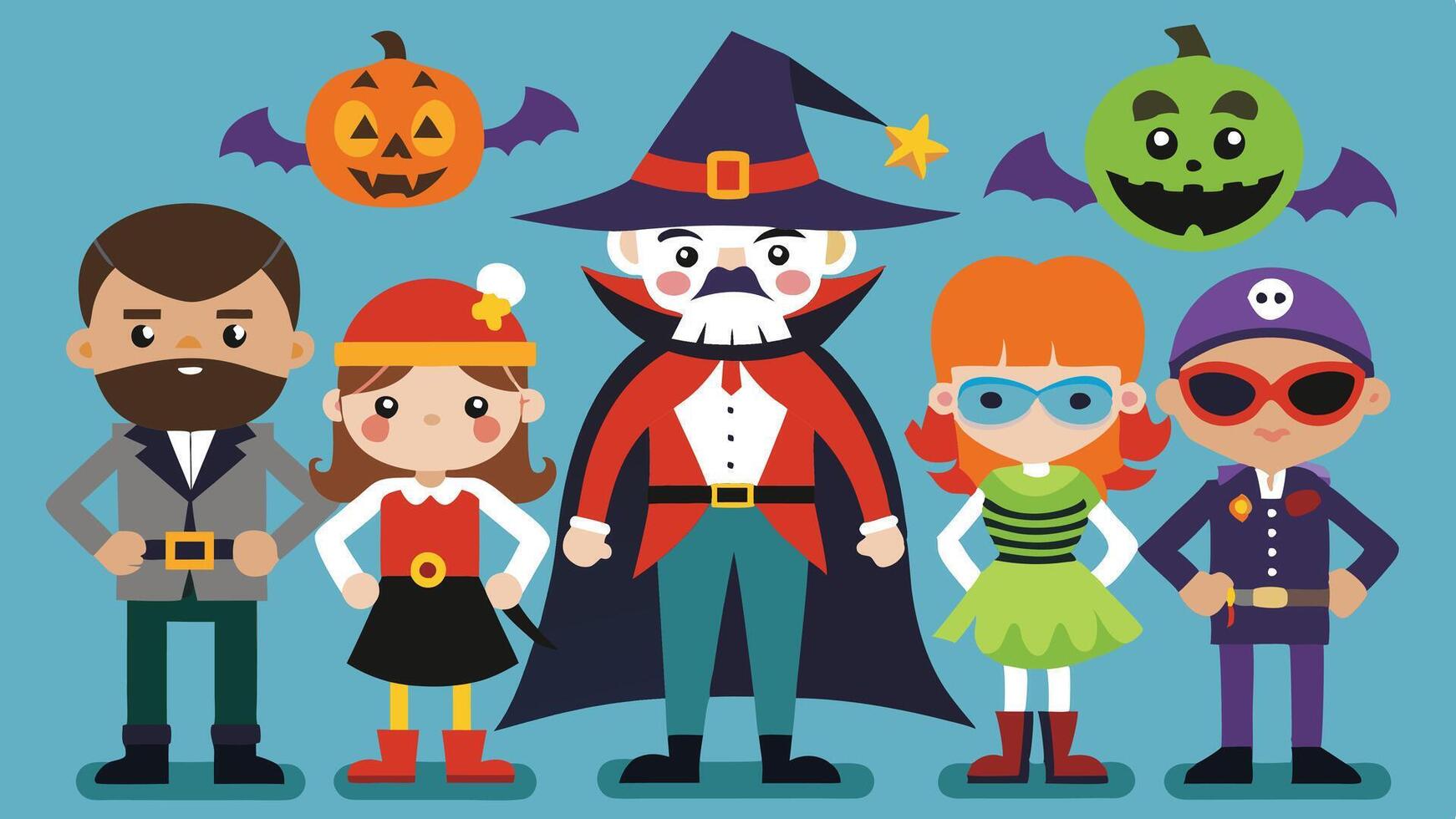 Colorful group of cartoon characters dressed in Halloween costumes celebrating the festive season with joy and creativity vector