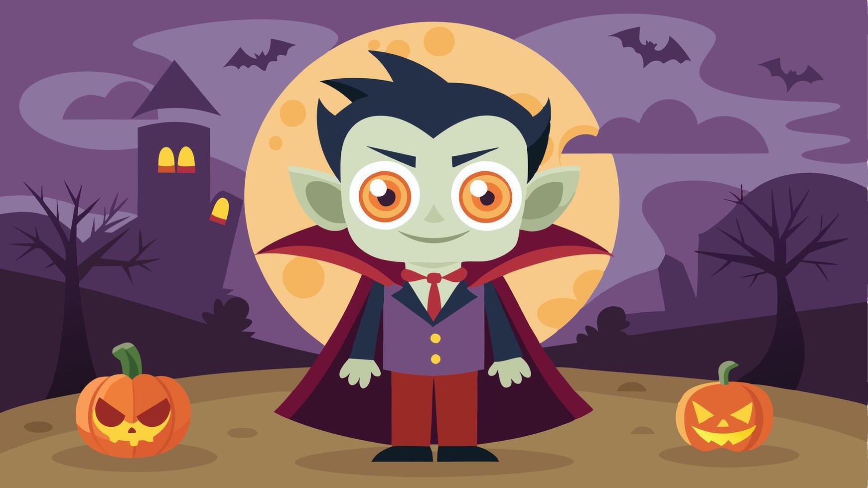 A cartoon zombie character with orange hair stands in front of a haunted house under a full moon, creating a spooky atmosphere typical of Halloween-themed scenes vector