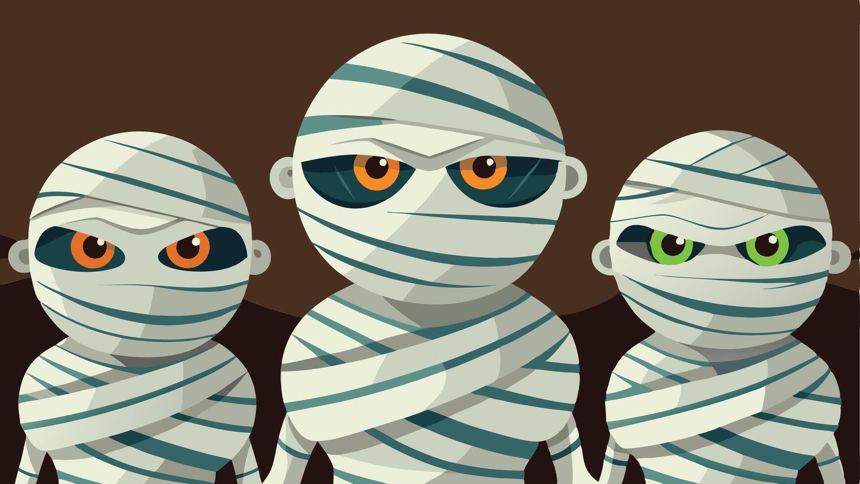 Three cartoon mummies standing together in playful poses against a dark background, ideal for Halloween-themed decorations or childrens events vector
