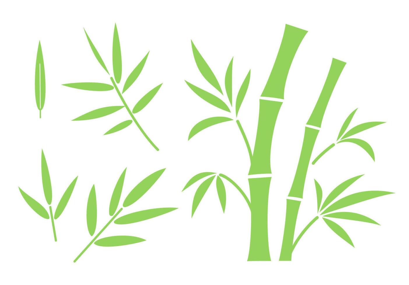 Bamboo stems segments with branches and leaves set. Flat monochrome illustration isolated on white background. vector