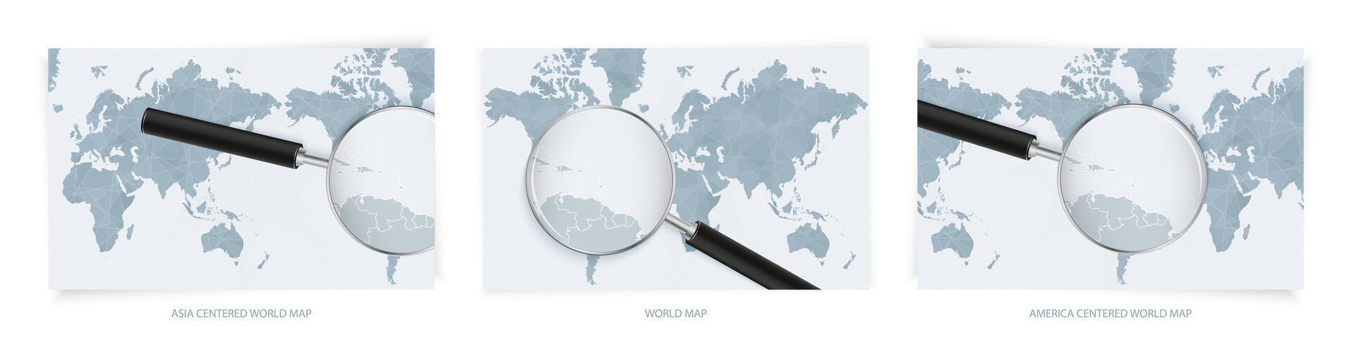Blue Abstract World Maps with magnifying glass on map of Saint Vincent and the Grenadines with the national flag of Saint Vincent and the Grenadines. Three version of World Map. vector