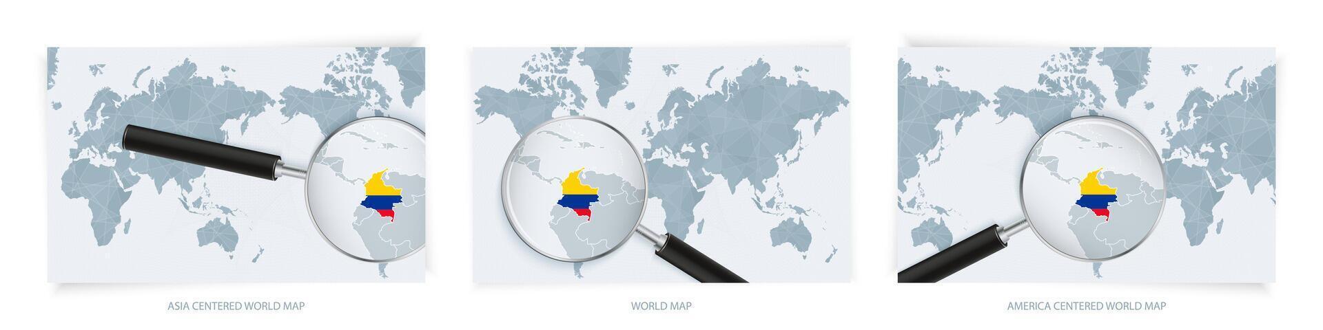 Blue Abstract World Maps with magnifying glass on map of Colombia with the national flag of Colombia. Three version of World Map. vector