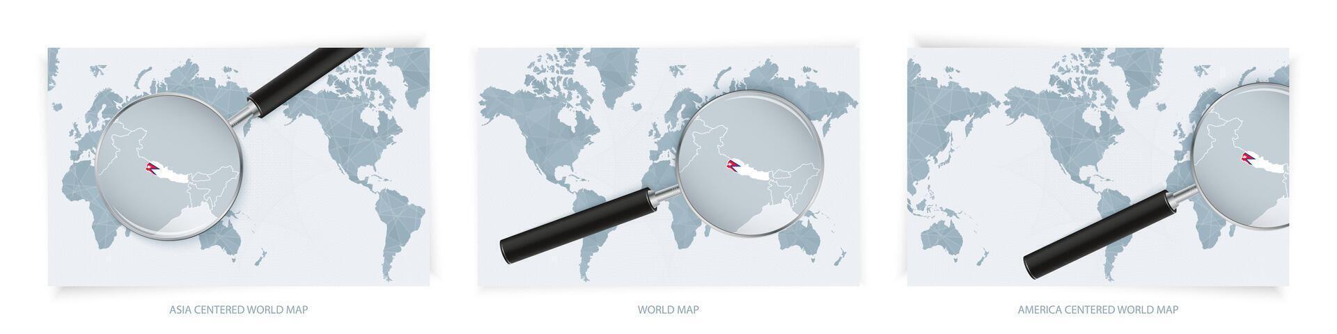 Blue Abstract World Maps with magnifying glass on map of Nepal with the national flag of Nepal. Three version of World Map. vector