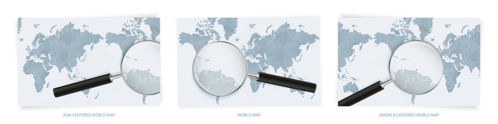 Blue Abstract World Maps with magnifying glass on map of Trinidad and Tobago with the national flag of Trinidad and Tobago. Three version of World Map. vector