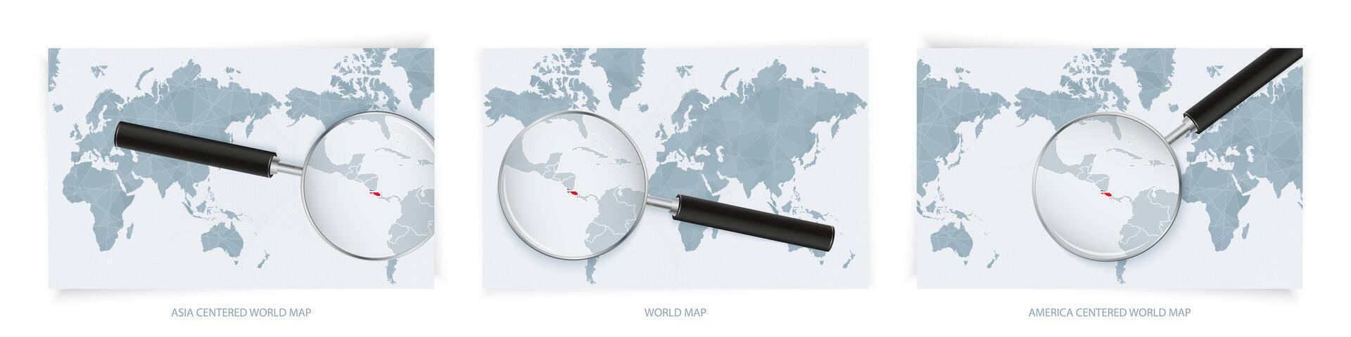 Blue Abstract World Maps with magnifying glass on map of Costa Rica with the national flag of Costa Rica. Three version of World Map. vector