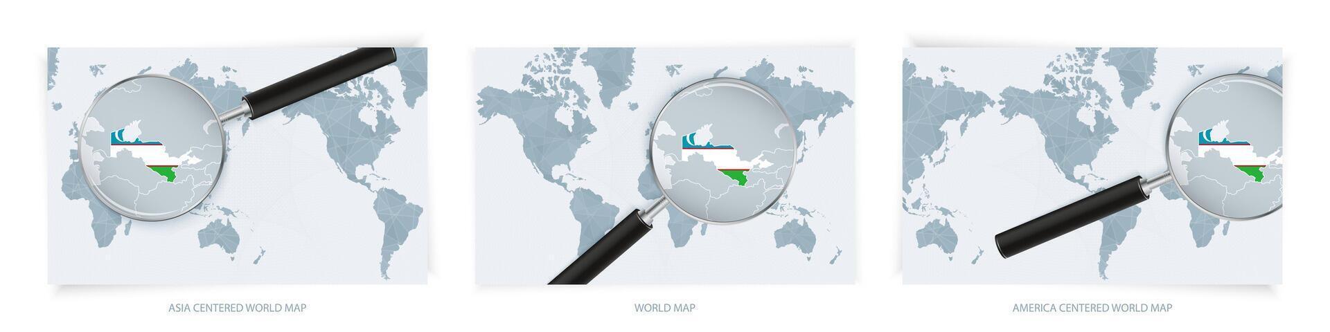 Blue Abstract World Maps with magnifying glass on map of Uzbekistan with the national flag of Uzbekistan. Three version of World Map. vector