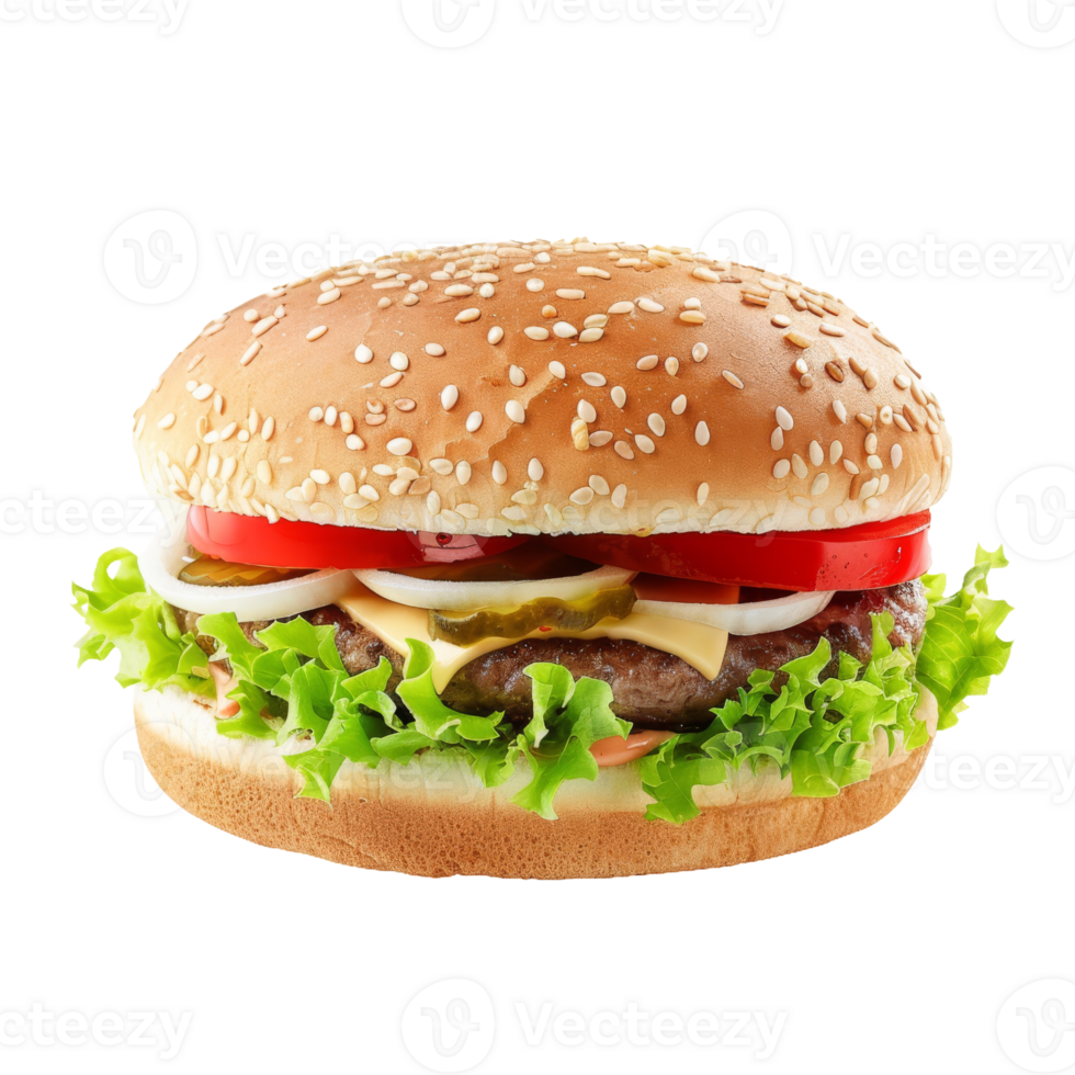 hamburguesa con queso con Fresco lechuga, tomate, cebolla, pepinillos, y Derretido queso en sésamo semilla bollo png