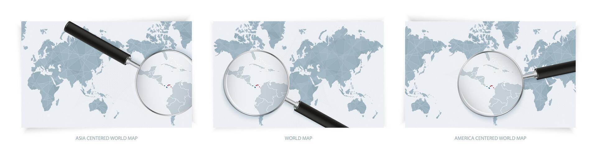 Blue Abstract World Maps with magnifying glass on map of Panama with the national flag of Panama. Three version of World Map. vector