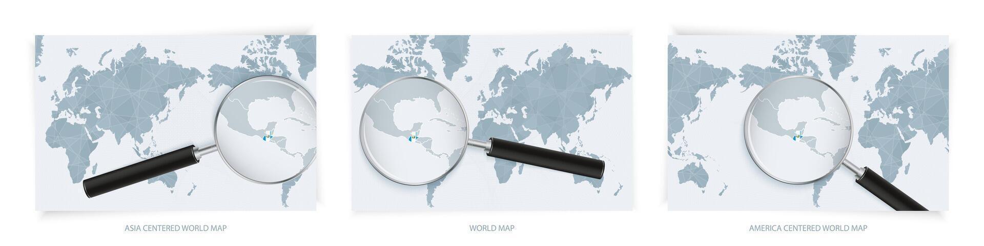Blue Abstract World Maps with magnifying glass on map of Guatemala with the national flag of Guatemala. Three version of World Map. vector