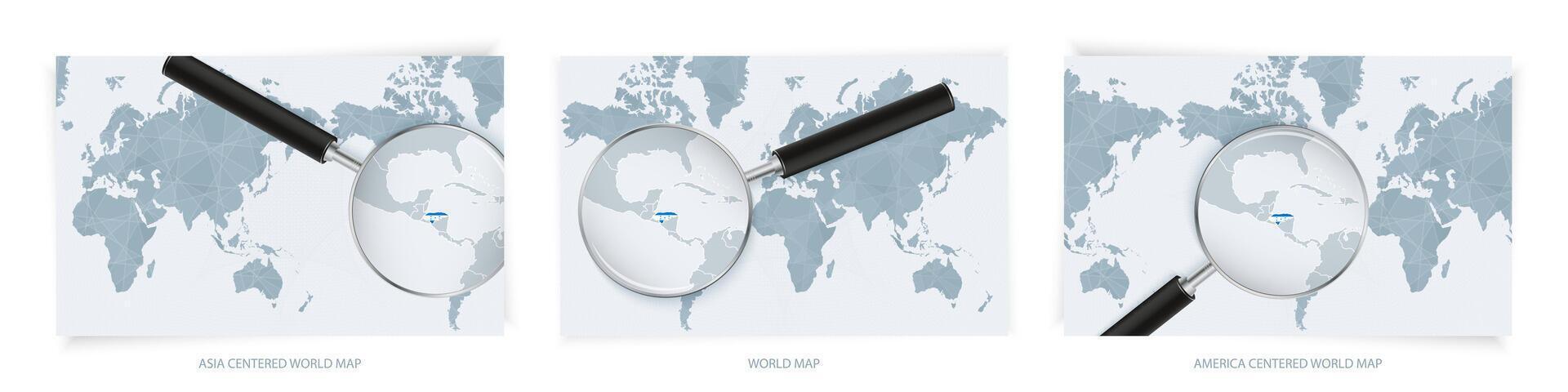 Blue Abstract World Maps with magnifying glass on map of Honduras with the national flag of Honduras. Three version of World Map. vector