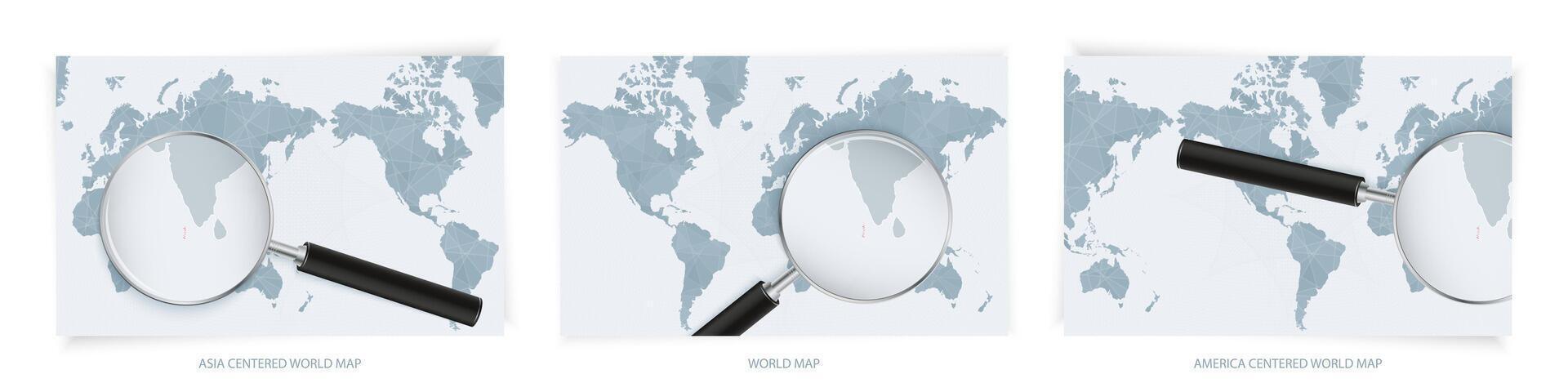 Blue Abstract World Maps with magnifying glass on map of Maldives with the national flag of Maldives. Three version of World Map. vector