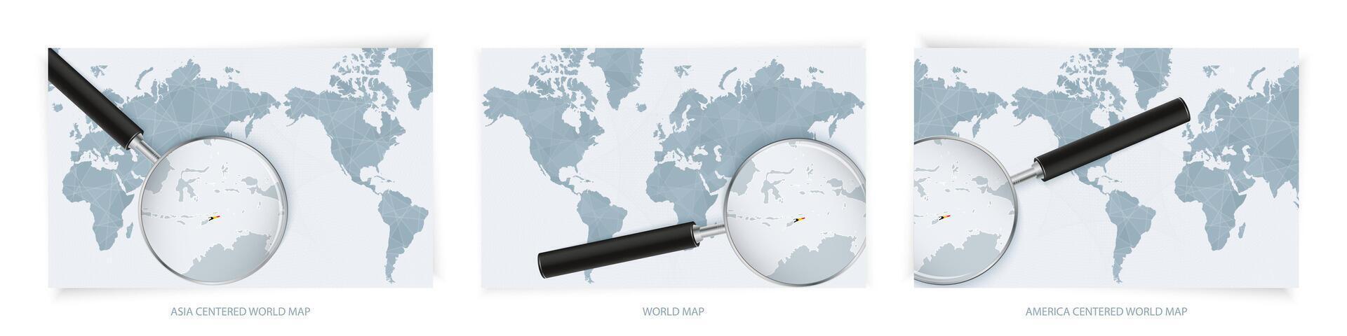 Blue Abstract World Maps with magnifying glass on map of East Timor with the national flag of East Timor. Three version of World Map. vector