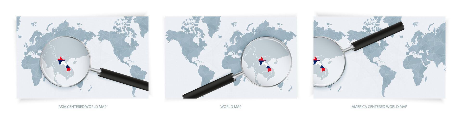 Blue Abstract World Maps with magnifying glass on map of Laos with the national flag of Laos. Three version of World Map. vector