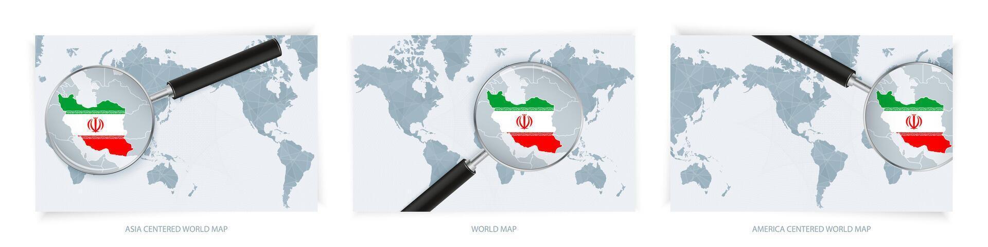 Blue Abstract World Maps with magnifying glass on map of Iran with the national flag of Iran. Three version of World Map. vector