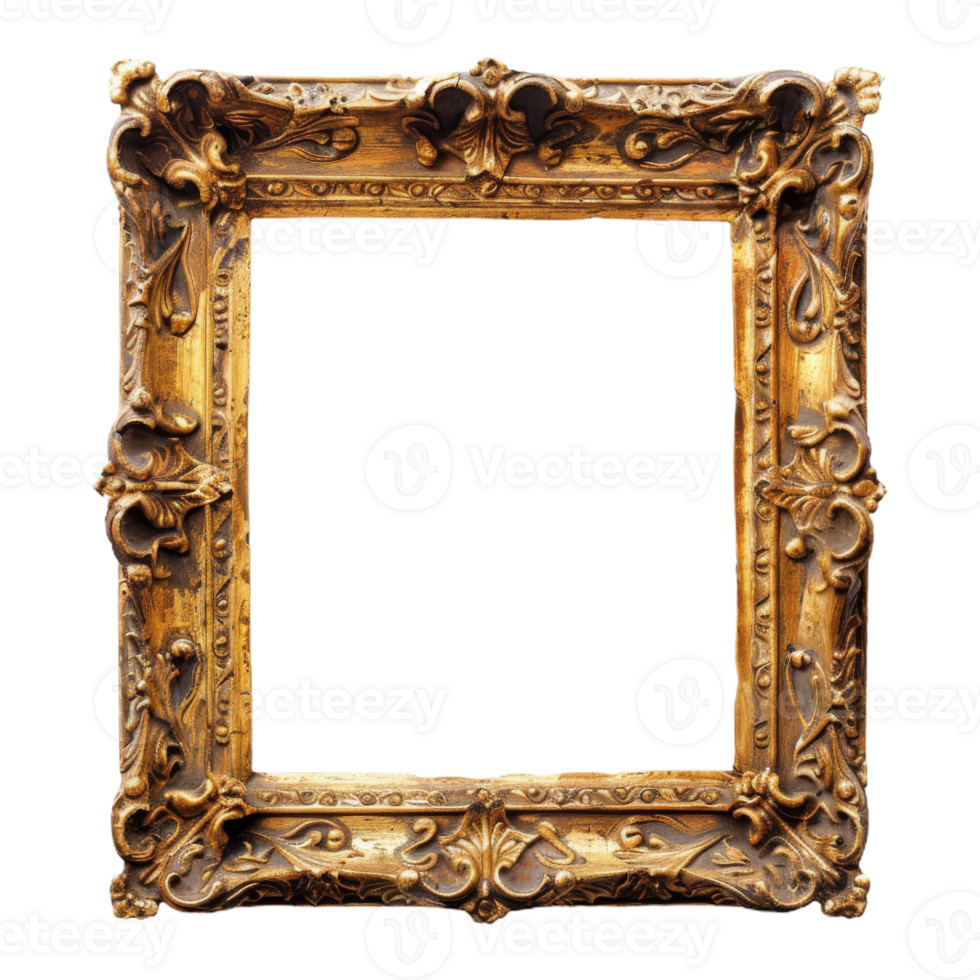 Ornate Vintage Wooden Frame with Intricate Carvings and Gold Finish on Isolated Background. Golden Frame for Photo or Painting in Antique Vintage Style png