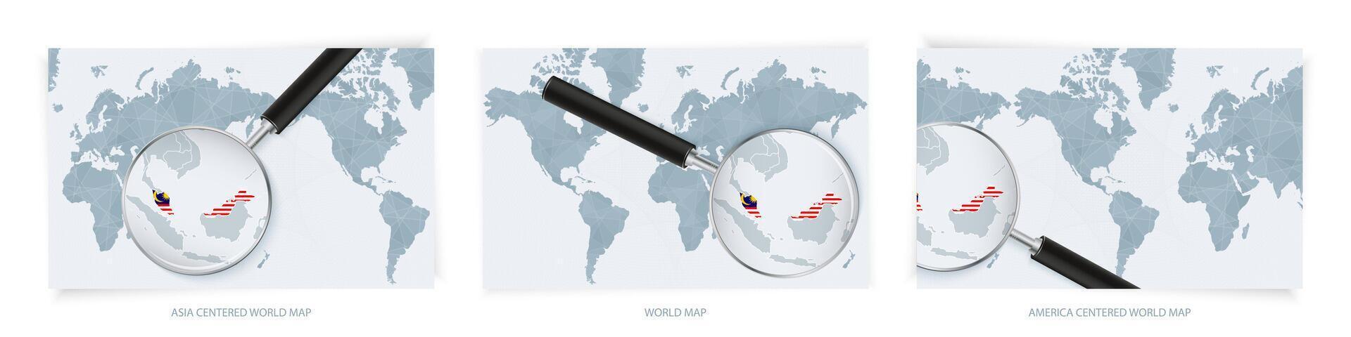 Blue Abstract World Maps with magnifying glass on map of Malaysia with the national flag of Malaysia. Three version of World Map. vector