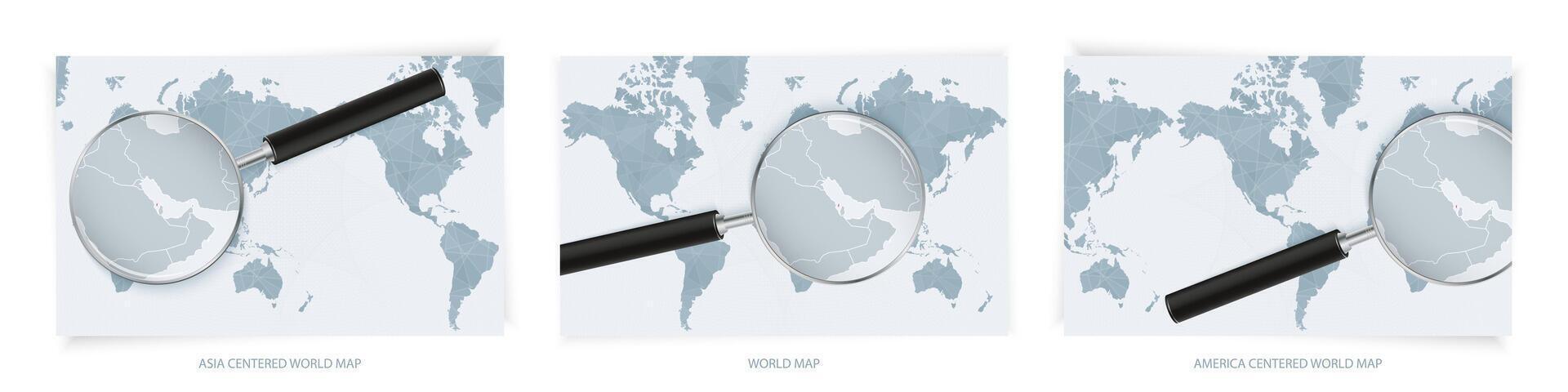 Blue Abstract World Maps with magnifying glass on map of Bahrain with the national flag of Bahrain. Three version of World Map. vector