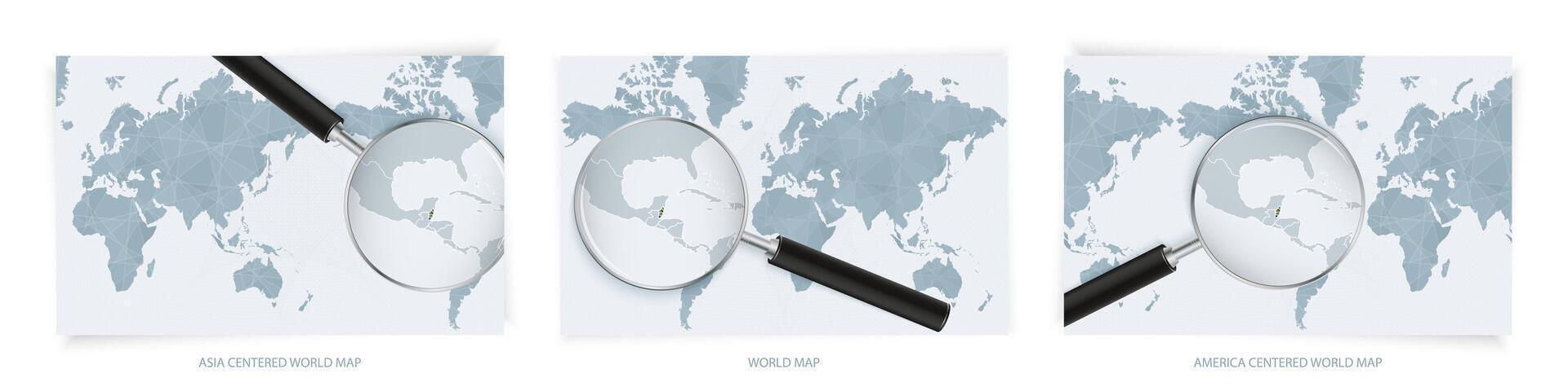 Blue Abstract World Maps with magnifying glass on map of Belize with the national flag of Belize. Three version of World Map. vector