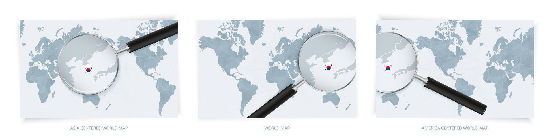 Blue Abstract World Maps with magnifying glass on map of South Korea with the national flag of South Korea. Three version of World Map. vector