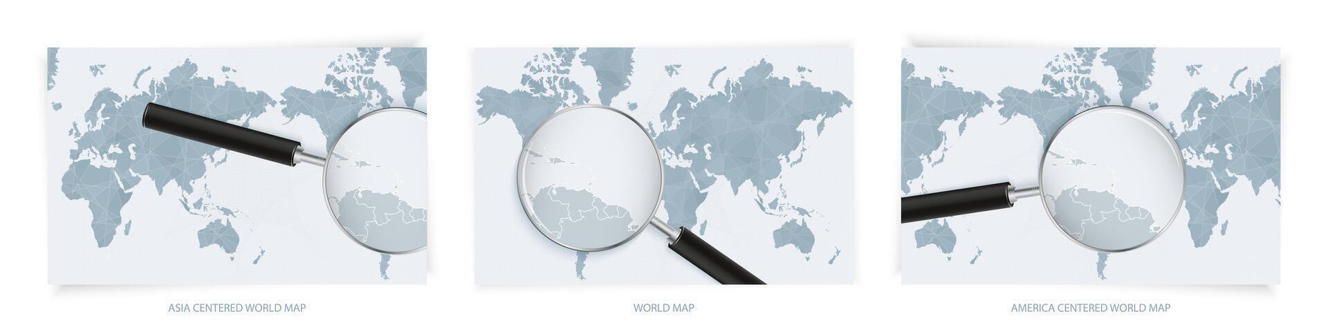 Blue Abstract World Maps with magnifying glass on map of Grenada with the national flag of Grenada. Three version of World Map. vector