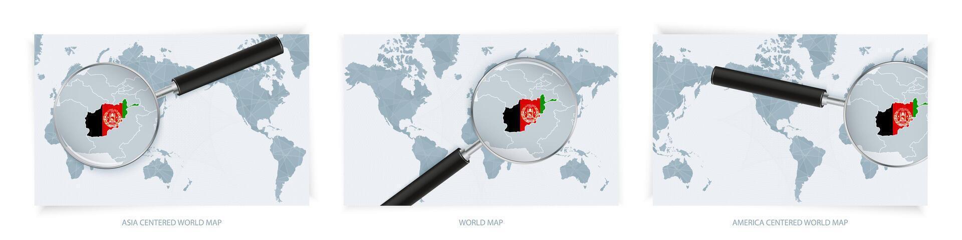 Blue Abstract World Maps with magnifying glass on map of Afghanistan with the national flag of Afghanistan. Three version of World Map. vector