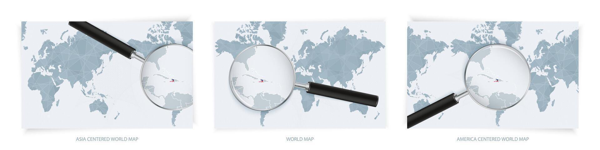 Blue Abstract World Maps with magnifying glass on map of Haiti with the national flag of Haiti. Three version of World Map. vector