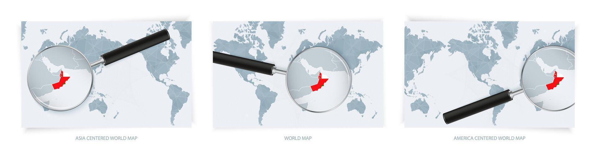 Blue Abstract World Maps with magnifying glass on map of Oman with the national flag of Oman. Three version of World Map. vector