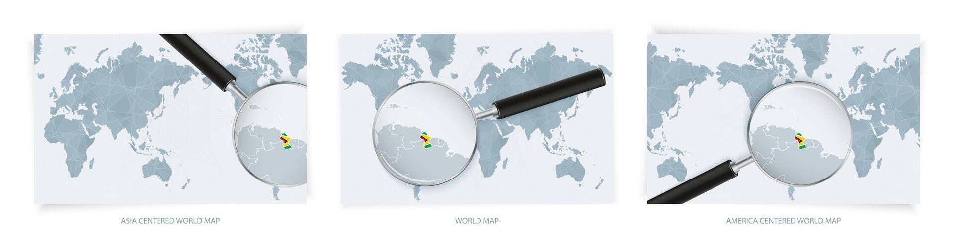 Blue Abstract World Maps with magnifying glass on map of Guyana with the national flag of Guyana. Three version of World Map. vector