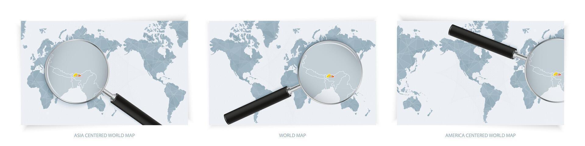 Blue Abstract World Maps with magnifying glass on map of Bhutan with the national flag of Bhutan. Three version of World Map. vector