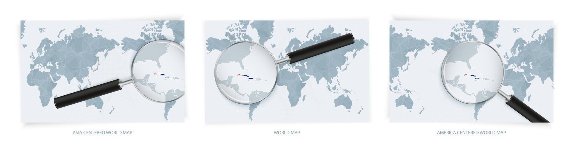 Blue Abstract World Maps with magnifying glass on map of Cuba with the national flag of Cuba. Three version of World Map. vector