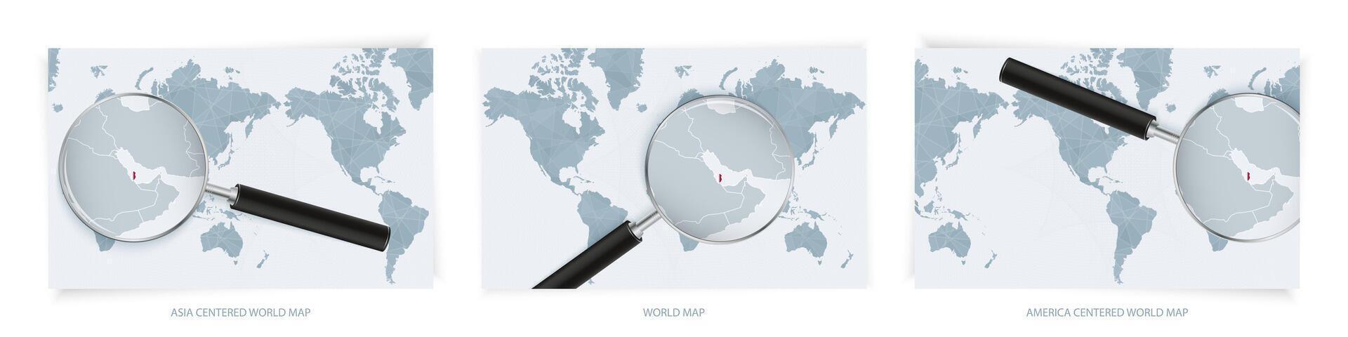 Blue Abstract World Maps with magnifying glass on map of Qatar with the national flag of Qatar. Three version of World Map. vector
