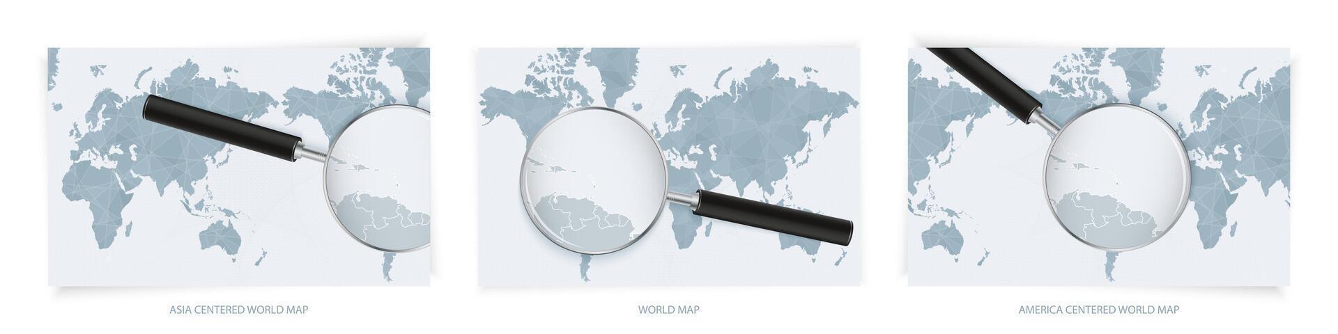 Blue Abstract World Maps with magnifying glass on map of Saint Lucia with the national flag of Saint Lucia. Three version of World Map. vector