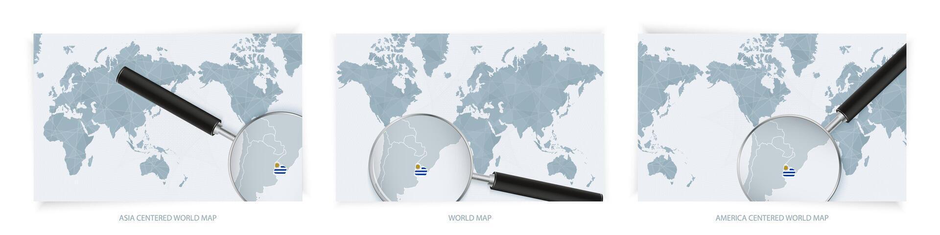Blue Abstract World Maps with magnifying glass on map of Uruguay with the national flag of Uruguay. Three version of World Map. vector