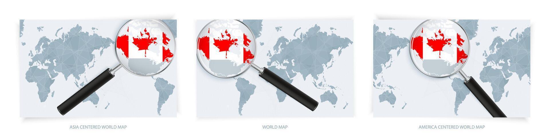 Blue Abstract World Maps with magnifying glass on map of Canada with the national flag of Canada. Three version of World Map. vector