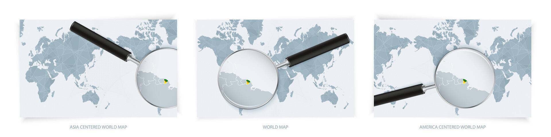 Blue Abstract World Maps with magnifying glass on map of French Guiana with the national flag of French Guiana. Three version of World Map. vector