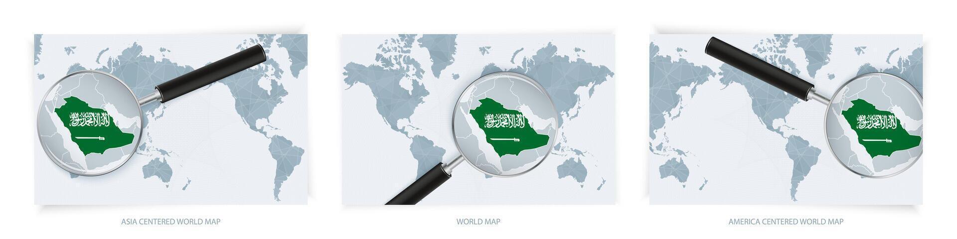 Blue Abstract World Maps with magnifying glass on map of Saudi Arabia with the national flag of Saudi Arabia. Three version of World Map. vector