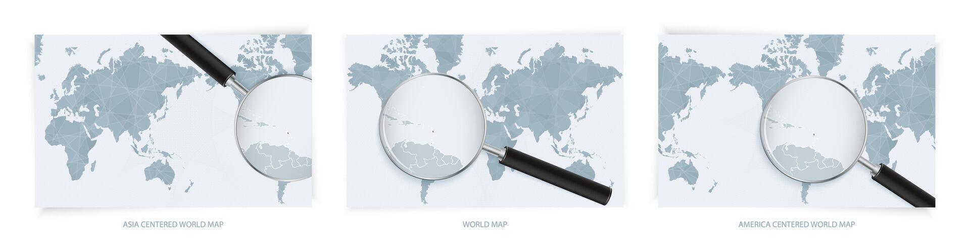 Blue Abstract World Maps with magnifying glass on map of Dominica with the national flag of Dominica. Three version of World Map. vector
