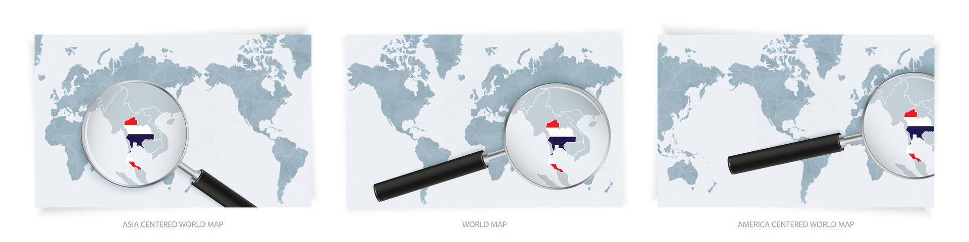 Blue Abstract World Maps with magnifying glass on map of Thailand with the national flag of Thailand. Three version of World Map. vector