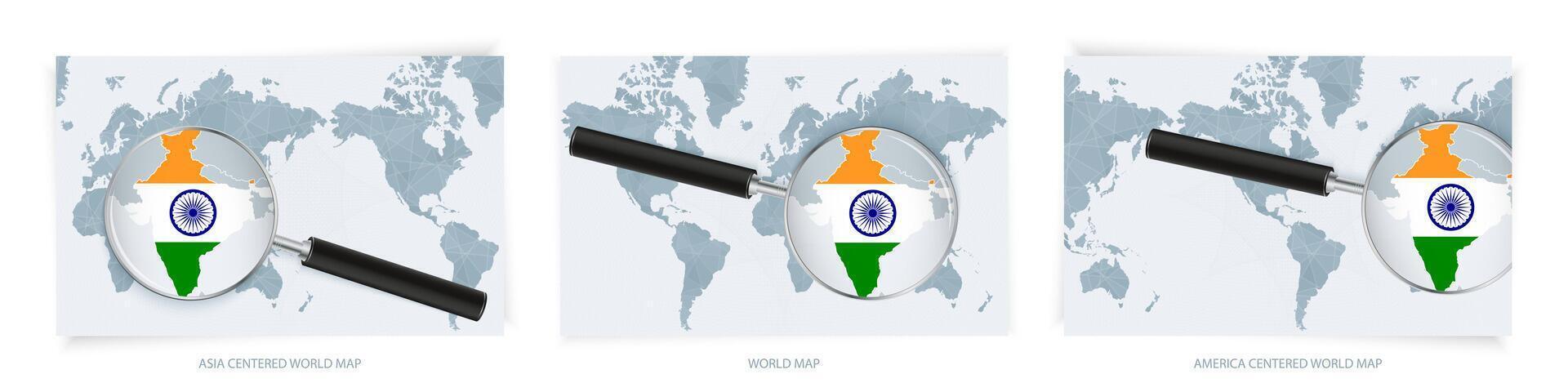 Blue Abstract World Maps with magnifying glass on map of India with the national flag of India. Three version of World Map. vector