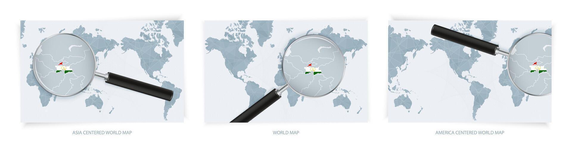Blue Abstract World Maps with magnifying glass on map of Tajikistan with the national flag of Tajikistan. Three version of World Map. vector
