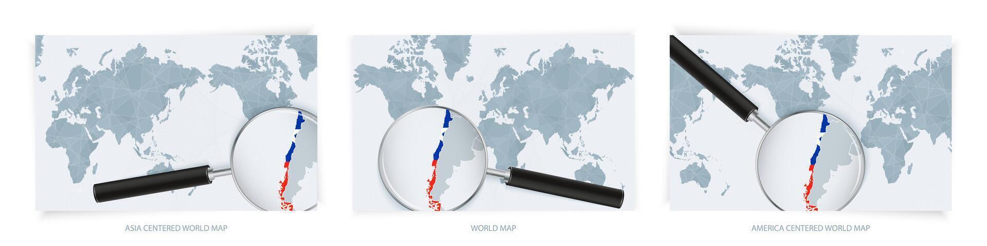 Blue Abstract World Maps with magnifying glass on map of Chile with the national flag of Chile. Three version of World Map. vector