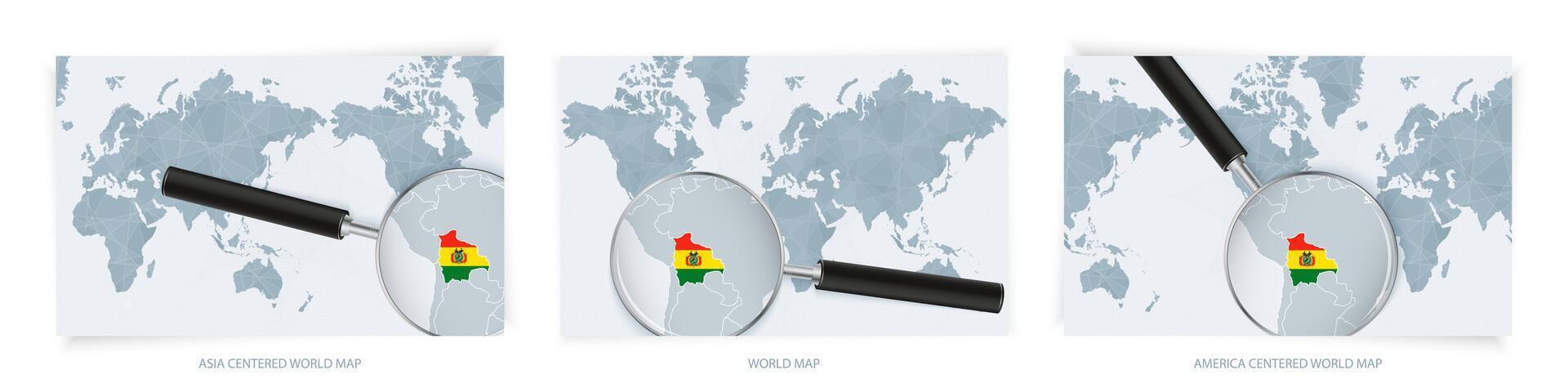 Blue Abstract World Maps with magnifying glass on map of Bolivia with the national flag of Bolivia. Three version of World Map. vector